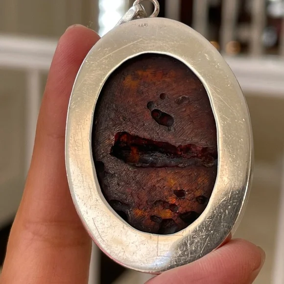 Huge oval cabochon Baltic honey amber sterling silver pendant & chain - Picture 13 of 15